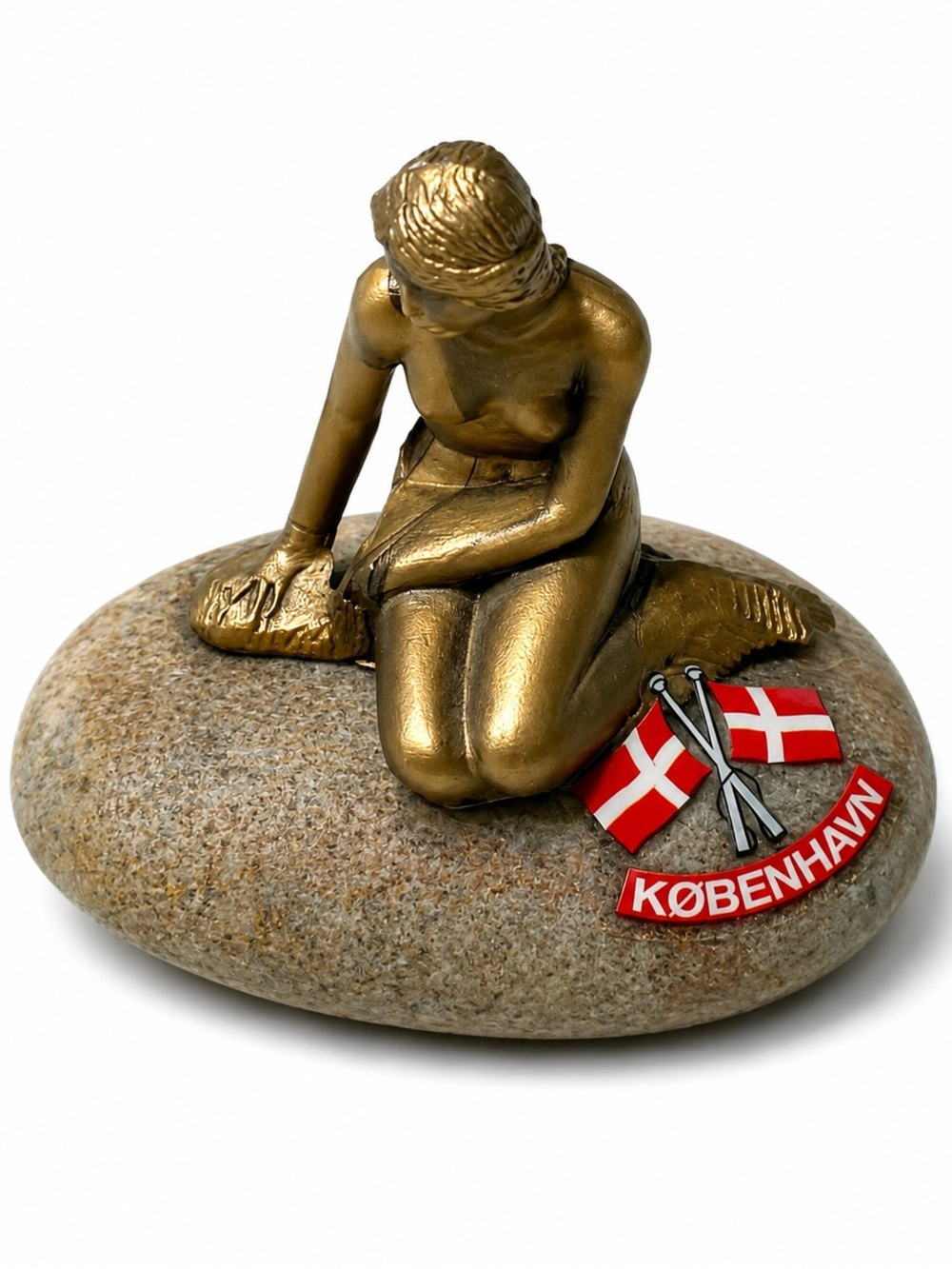 Gold Mermaid Sculpture on Natural Stone Base with Red Denmark Flag Accent